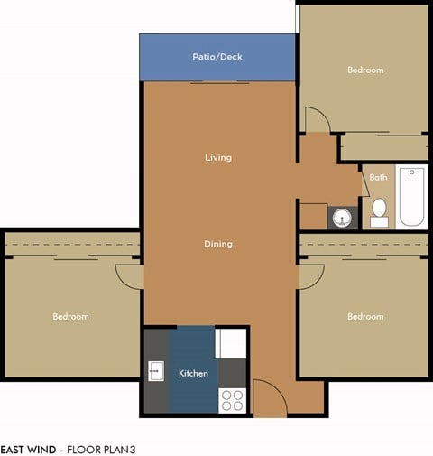 Floor plan for 3 beds, 1 bath, 750 sqft